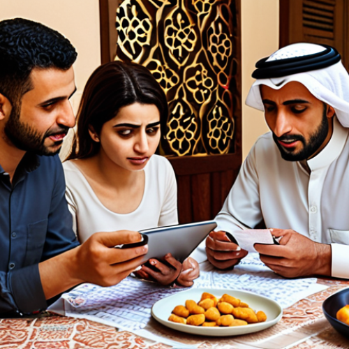 Home 4 **
A family gathered around a table, reviewing finances with concerned but hopeful expressions. Illustrate budgeting, comparing prices on a tablet showing Arabic script, and a small side business (like homemade sweets). The overall feel should be warm and encouraging, depicting financial resilience in the face of rising costs. Include subtle Arabic design elements in the background.
**