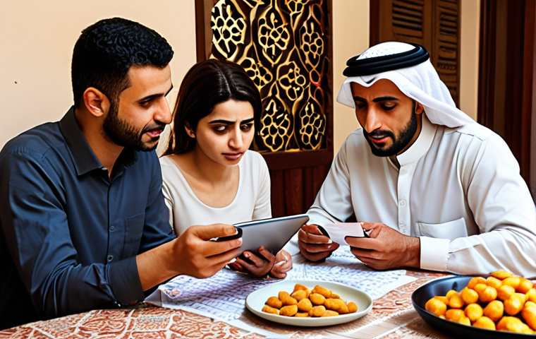**
A family gathered around a table, reviewing finances with concerned but hopeful expressions. Illustrate budgeting, comparing prices on a tablet showing Arabic script, and a small side business (like homemade sweets). The overall feel should be warm and encouraging, depicting financial resilience in the face of rising costs. Include subtle Arabic design elements in the background.
**