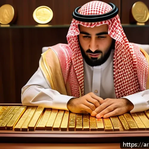 Home 32 인플레이션 대비 안전자산으로서의 금 투자 - A sophisticated Arabic man in traditional attire sitting at a polished wooden desk, examining gold b...