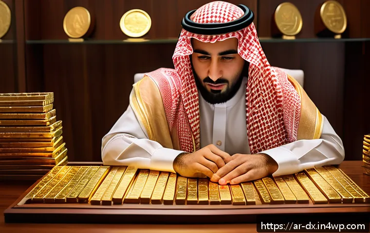 인플레이션 대비 안전자산으로서의 금 투자 - A sophisticated Arabic man in traditional attire sitting at a polished wooden desk, examining gold b...