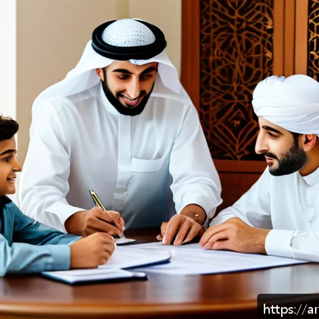 인플레이션에 대한 보험 상품 활용 - A modern Middle Eastern family in traditional attire sitting around a table reviewing financial docu...