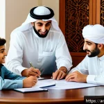Home 18 인플레이션에 대한 보험 상품 활용 - A modern Middle Eastern family in traditional attire sitting around a table reviewing financial docu...