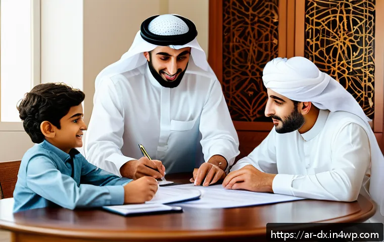 인플레이션에 대한 보험 상품 활용 - A modern Middle Eastern family in traditional attire sitting around a table reviewing financial docu...