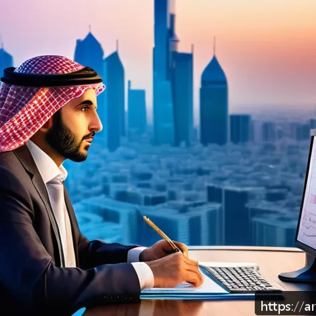 인플레이션과 기업 가치 평가 - A detailed scene showing a modern Middle Eastern financial analyst in a stylish office overlooking a...