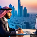 Home 23 인플레이션과 기업 가치 평가 - A detailed scene showing a modern Middle Eastern financial analyst in a stylish office overlooking a...