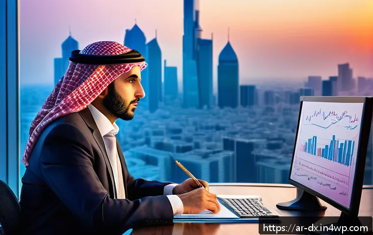 인플레이션과 기업 가치 평가 - A detailed scene showing a modern Middle Eastern financial analyst in a stylish office overlooking a...